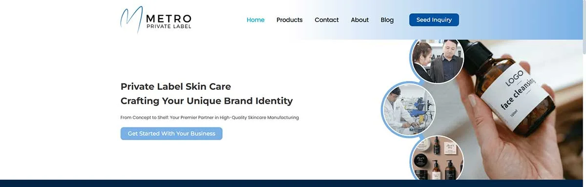 Metro Private Label website with skincare branding, showing product samples and laboratory scenes, highlighting private label skin care services.